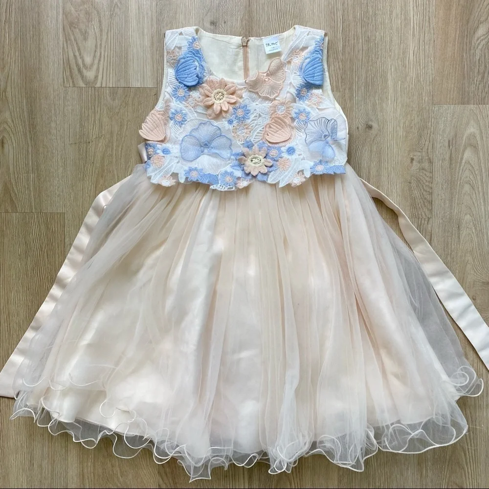 Cielarko Peach & Blue Butterfly Flower Tulle Dress, Satin Top, Size 130 (6/7 Y)